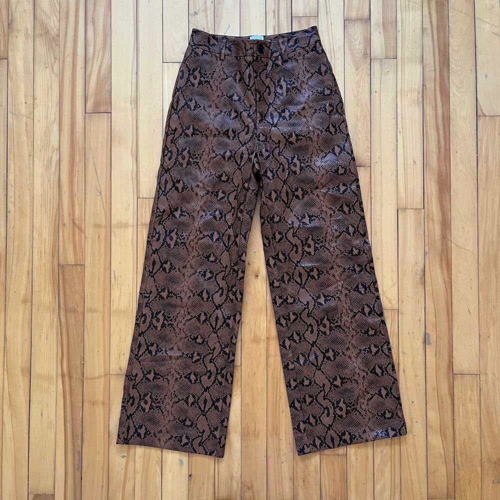 Princess Polly Snake Print Faux Leather Wide Leg Pants Brown Black Size 2